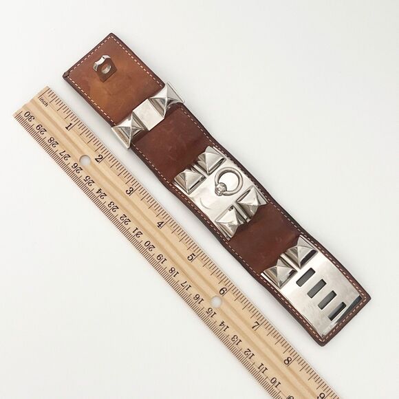 Hermès Collier De Chien CDC Bracelet Leather Brown Palladium Sz Small T1 Barenia - Picture 15 of 16